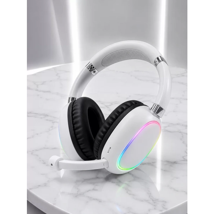 Nevamel® Beyaz Bluetooth 5.0 Mikrofonlu Kablosuz Kulak Üstü Kulaklık RGB Işıklı Type-C Şarjlı