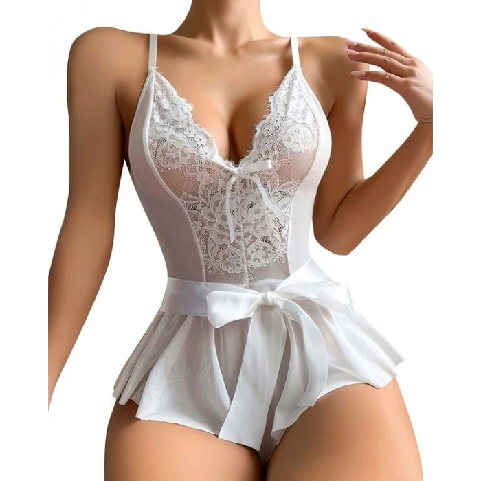 Nevamel® Beyaz Dantel İşlemeli Kurdelalı Fantezi Tül Babydoll