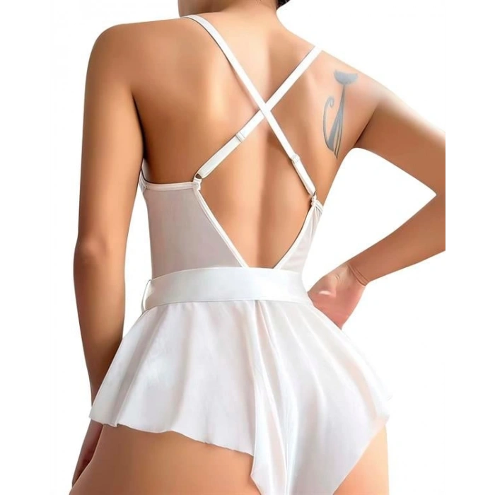 Nevamel® Beyaz Dantel İşlemeli Kurdelalı Fantezi Tül Babydoll