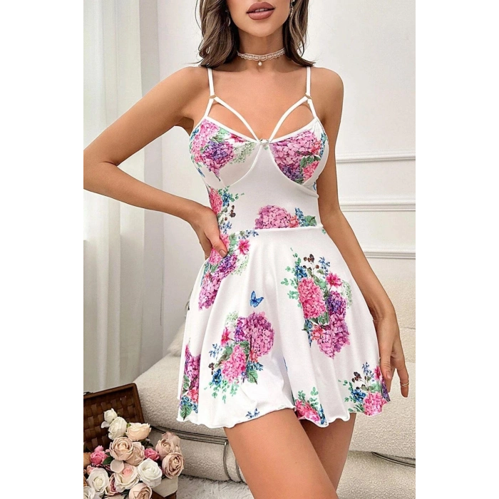 Nevamel® Beyaz Pırıltı Çiçekli Askılı Mini Gecelik 15626