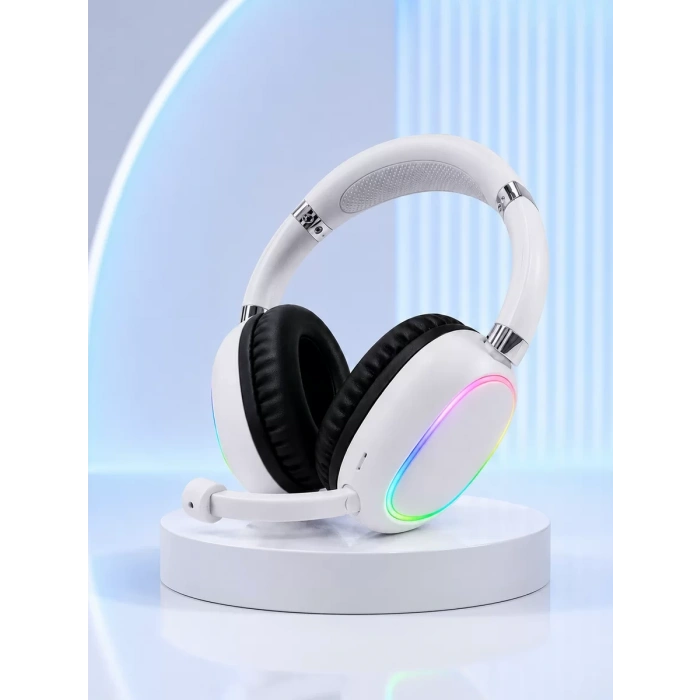Nevamel® Bluetooth 5.0 Beyaz Kulak Üstü Kablosuz Kulaklık Mikrofonlu RGB Aydınlatmalı