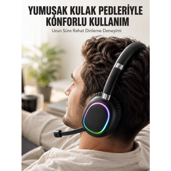 Nevamel® Bluetooth 5.0 RGB Işıklı Mikrofonlu Kablosuz Kulak Üstü Kulaklık