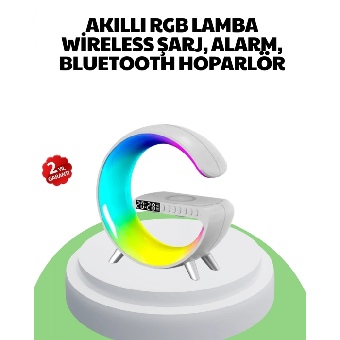 Nevamel® Bluetooth Hoparlörlü RGB Atmosfer Lambası Kablosuz Şarj ve Saat Özellikli