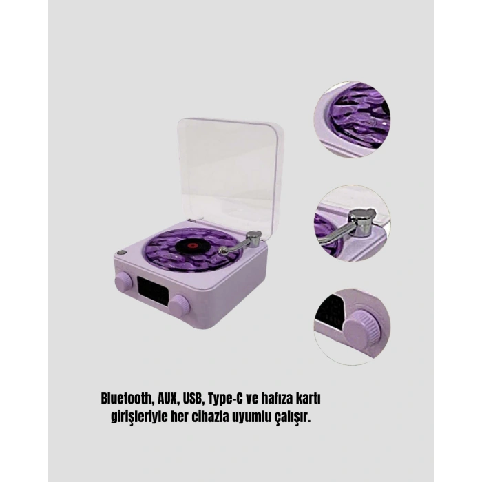 Nevamel® Bluetooth Retro Pikap Hoparlör 360 Derece Ses Projektörlü Gece Lambası Çok Fonksiyonlu