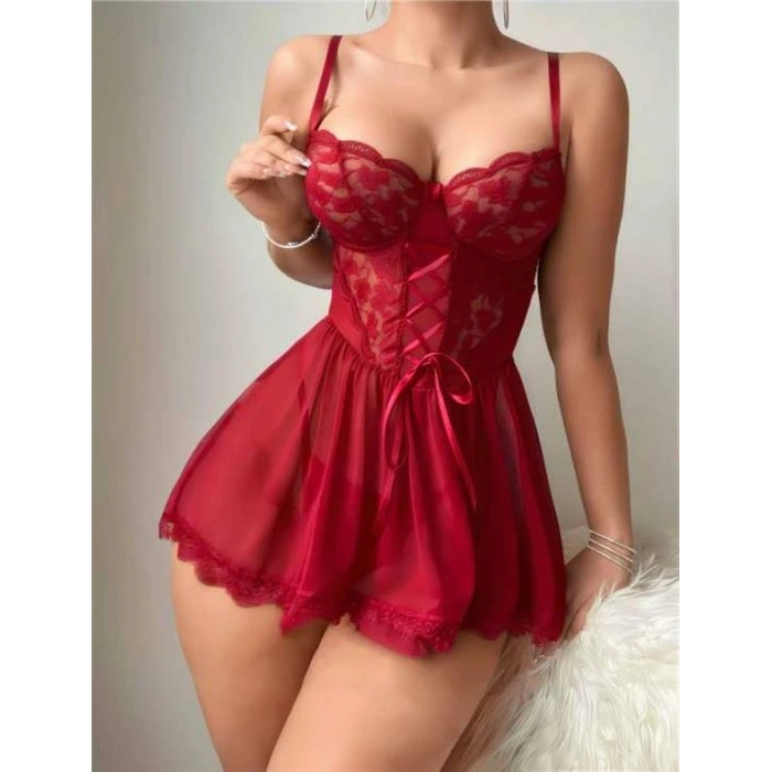 Nevamel® Bordo Dantel İşlemeli Tül Fantezi Gecelik