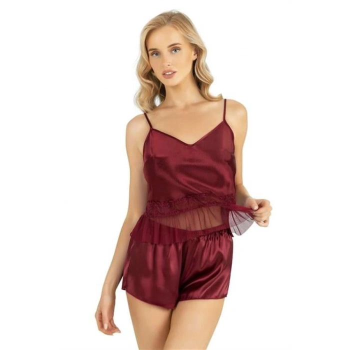 Nevamel® Bordo Saten Şort Takımı 9209 (Kod:9209)