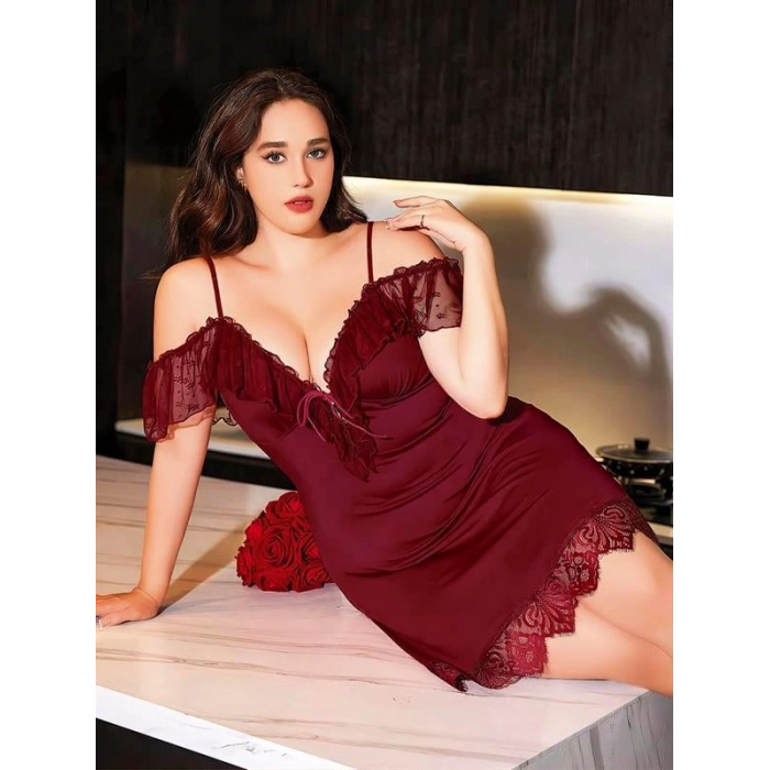 Nevamel® Büyük Beden Bordo Dantel İşlemeli İnce Askılı Gecelik