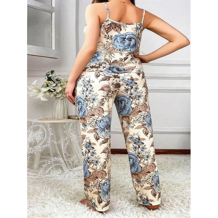 Nevamel® Büyük Beden Mavi Çiçek Desenli İnce Askılı 2Li Saten Pijama