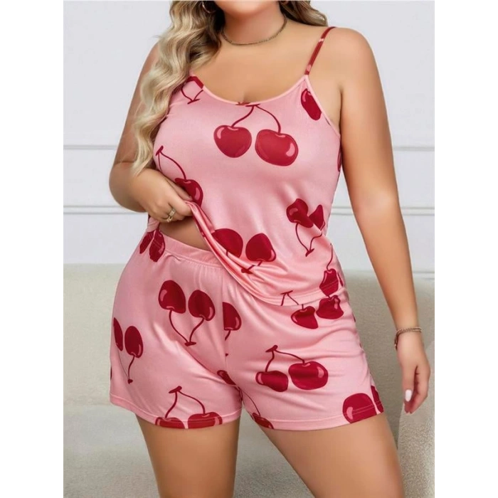 Nevamel® Büyük Beden Pembe Kiraz Desen İnce Askılı Pamuklu Şortlu Pijama Takımı