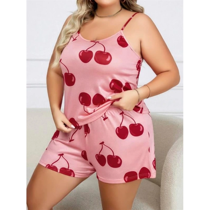 Nevamel® Büyük Beden Pembe Kiraz Desen İnce Askılı Pamuklu Şortlu Pijama Takımı