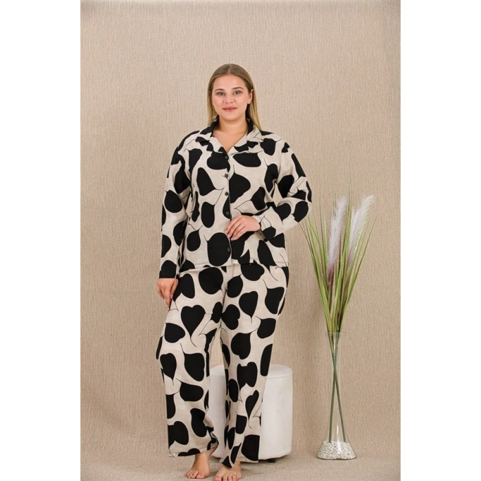 Nevamel® Büyük Beden Siyah Beyaz Kalp Desenli Düğmeli Uzun Kol Viskon Pijama Takımı