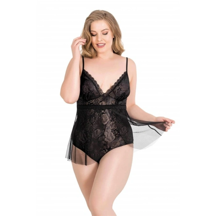 Nevamel® Büyük Beden Siyah Bodysuit Jakarlı Gecelik