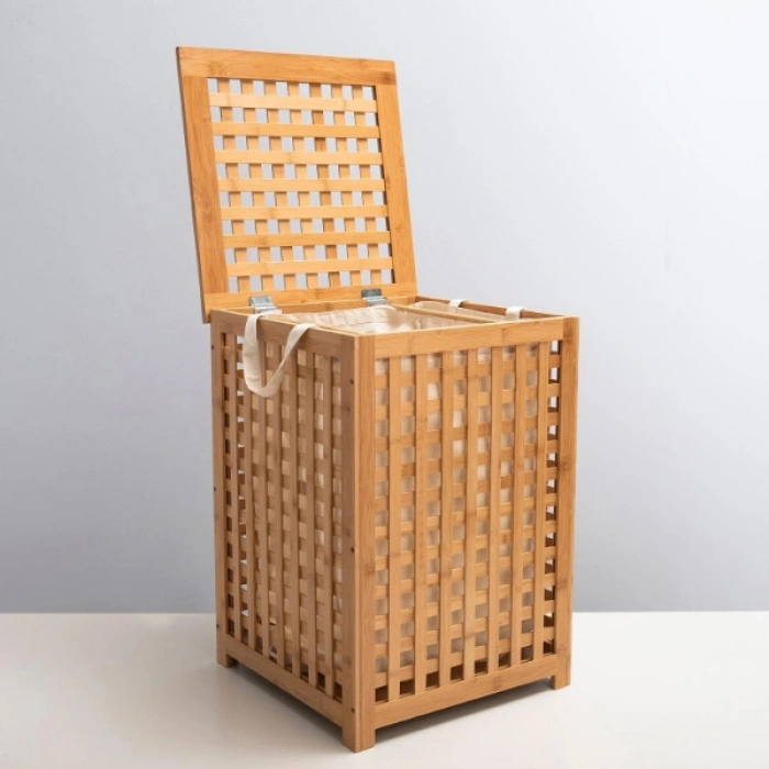 Nevamel® Büyük Boy Ahşap Bambu Kirli Sepeti 45x45x62