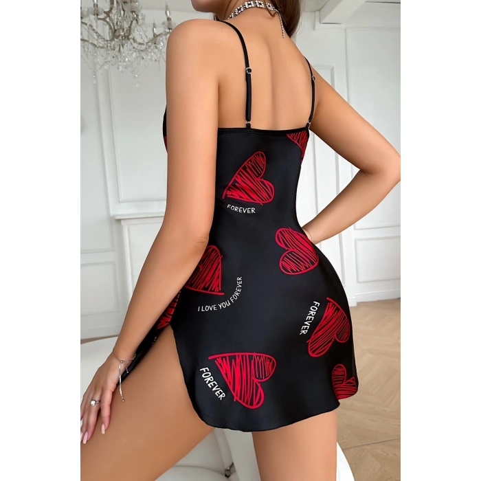 Nevamel® Büyük Kırmızı Kalp Desenli Siyah Saten Gecelik