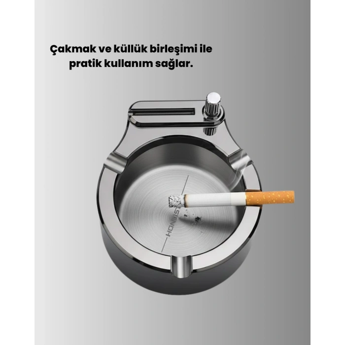 Nevamel® Çakmaklı Küllük Paslanmaz Metal Yuvarlak Tasarım