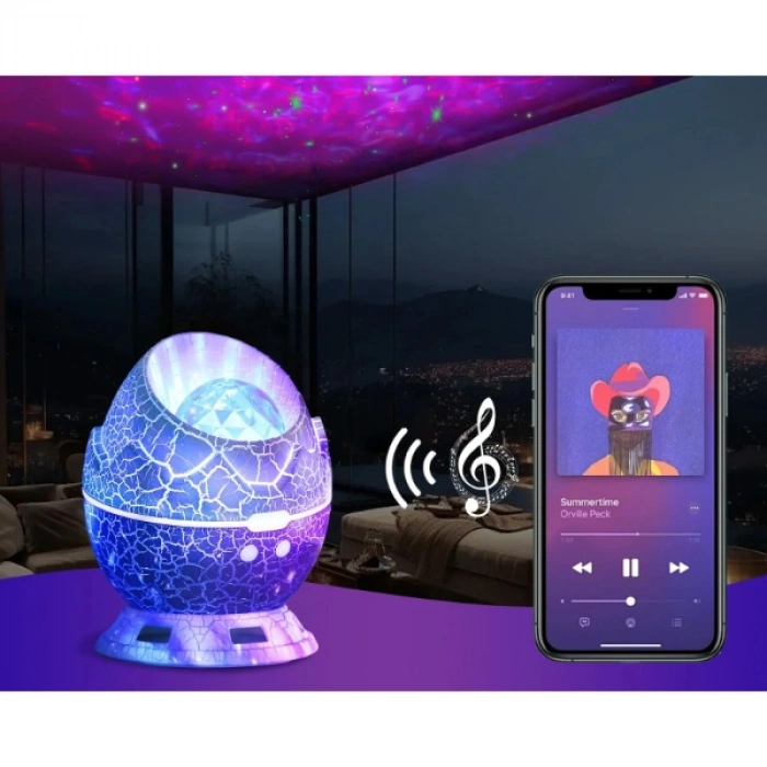 Nevamel Çatlak Dinozor Yumurtası Tasarımlı Projektörlü Gece Lambası Bluetooth Özellikli