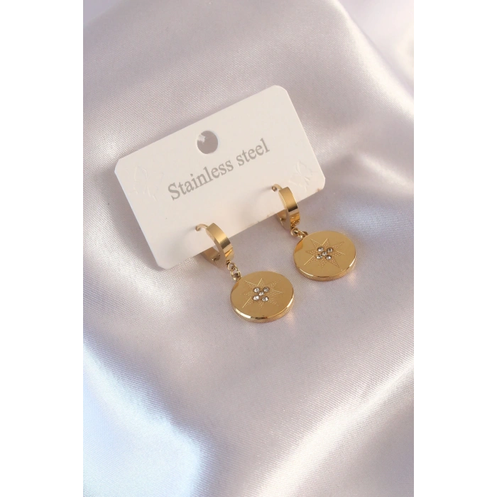 Nevamel® Çelik Gold Renk Kutup Yıldızı İşleme Zirkon Taşlı Kadın Küpe 5886