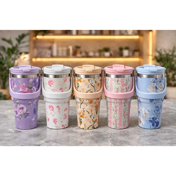 Nevamel® Çiçek Desenli 700 ml Taşıma Kulplu Paslanmaz Çelik Termos Mug Bardak