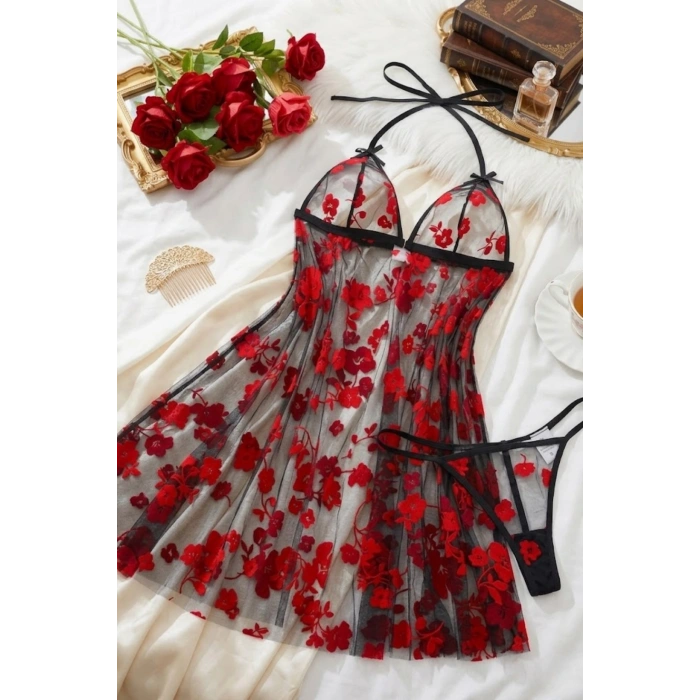 Nevamel® Çiçek Desenli Transparan Gecelik Siyah