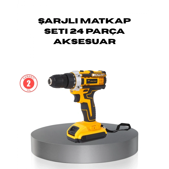Nevamel® Çift Bataryalı Darbeli Şarjlı Matkap Seti – Metal Dişli 24 Parça Aksesuar ve LED Işıklı