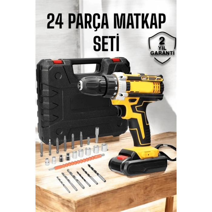 Nevamel® Çift Bataryalı Metal Dişli Darbeli Şarjlı Matkap Seti 24W Güç ve 24 Parça Aksesuar