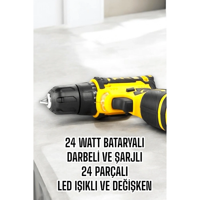 Nevamel® Çift Bataryalı Metal Dişli Darbeli Şarjlı Matkap Seti 24W Güç ve 24 Parça Aksesuar