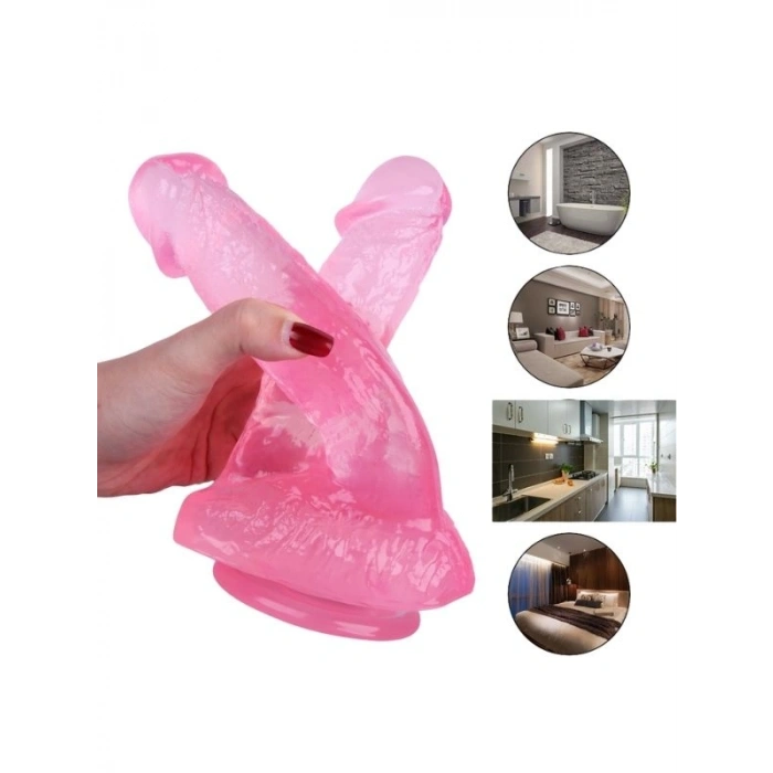 Nevamel® Çift Girişli Pembe Şeffaf Jel Vantuzlu Dildo 20Cm