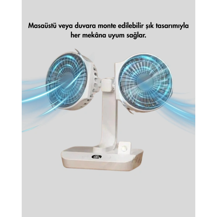 Nevamel® Çift Kafalı Masaüstü ve Duvar Tipi Sessiz USB Şarjlı Fan
