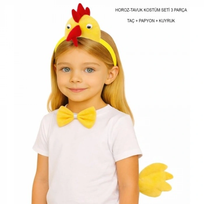 Nevamel Çocuk Horoz Tavuk Kostüm Seti 3 Parça (Taç + Papyon + Kuyruk)