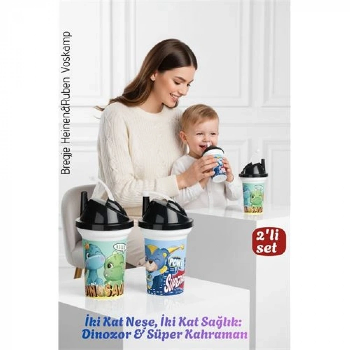 Nevamel® Çocuk Pipetli Bardak Seti 2li Dinozor & Süper Kahraman İkili Eğlenceli Kapaklı Suluk Matara 300 ml