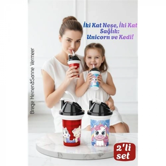 Nevamel® Çocuk Pipetli Bardak Seti 2li Unicorn & Kedi Figürlü İkili Eğlenceli Kapaklı Suluk Matara 300 ml