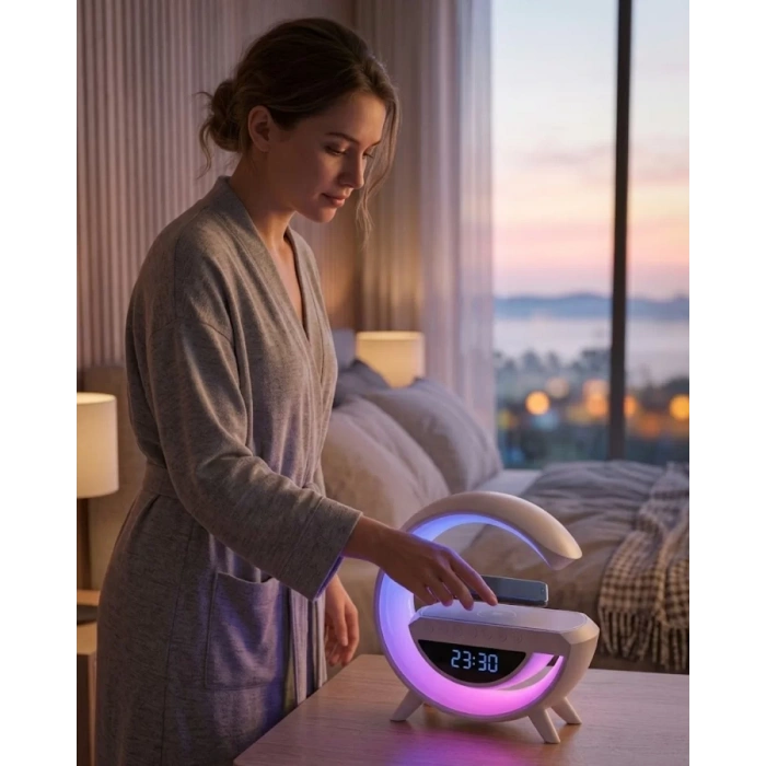 Nevamel® Çok Fonksiyonlu Kablosuz Şarjlı Saat Hoparlör RGB Işık ve Alarm Özellikli