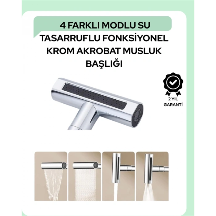 Nevamel Çok Fonksiyonlu Musluk Başlığı | 4 Su Modu | Geniş Uyumlu Adaptör Seti | Mutfak ve Banyo Uyumlu