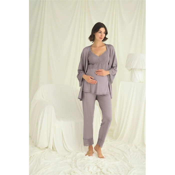 Nevamel® Dantelli Hamile Lohusa 3Lü Pijama Takımı