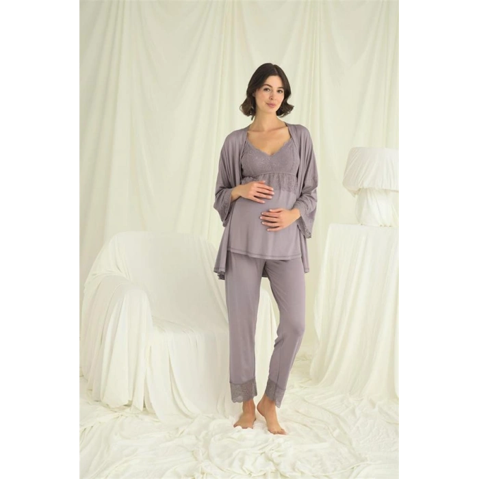 Nevamel® Dantelli Hamile Lohusa 3Lü Pijama Takımı