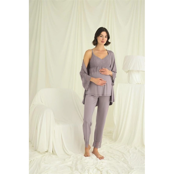 Nevamel® Dantelli Hamile Lohusa 3Lü Pijama Takımı