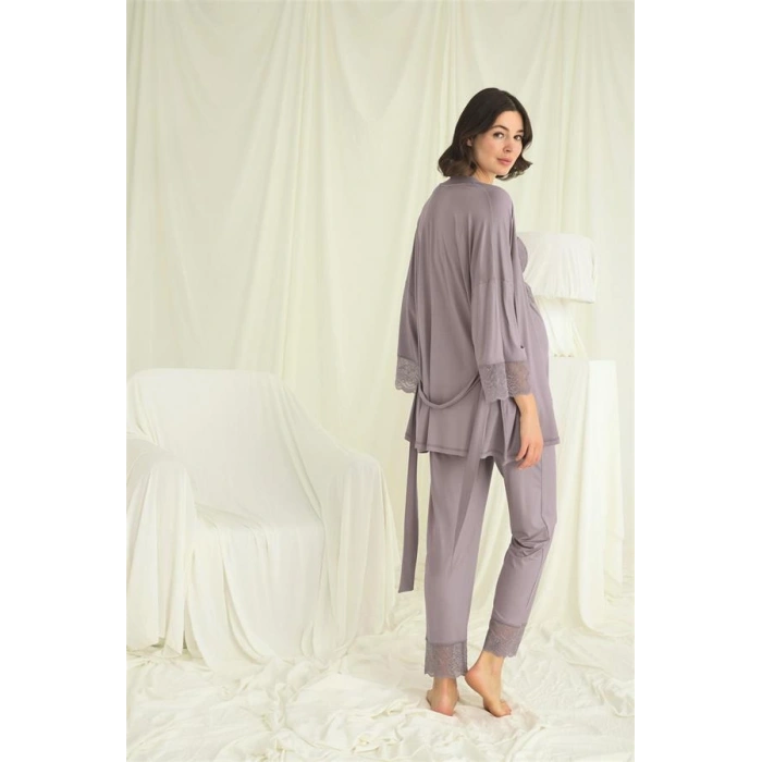 Nevamel® Dantelli Hamile Lohusa 3Lü Pijama Takımı