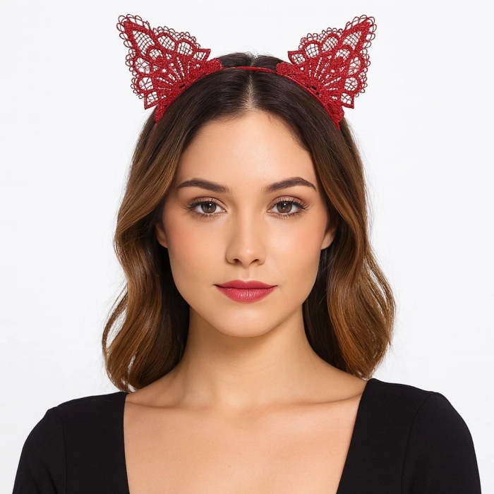 Nevamel Dantelli Kırmızı Kedi Tacı - Vintage Tarz Dantel Kedi Kulak