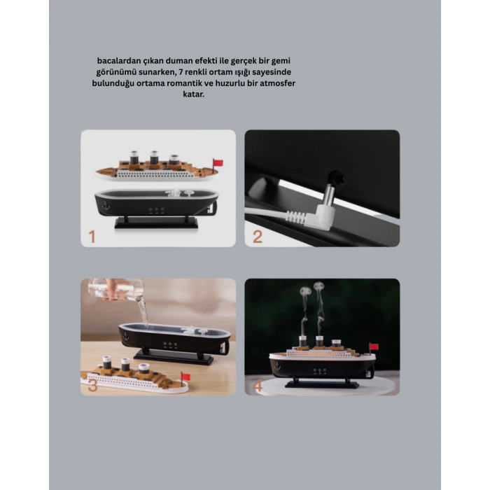 Nevamel® Dekoratif Gemi Modeli 7 Renk Işıklı Hava Nemlendirici ve Oda Kokusu Difüzörü