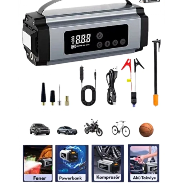 Nevamel® Dijital Göstergeli Akü Takviye Cihazı Lastik Şişirme Powerbank ve LED Işık Özellikli