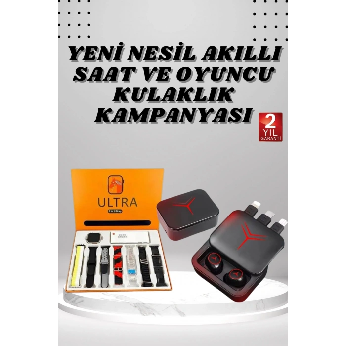 Nevamel Dijital Göstergeli Powerbank Kablosuz Kulaklık ve 7 Kordonlu Yeni Nesil Akıllı Saat Dokunmatik Kontrol