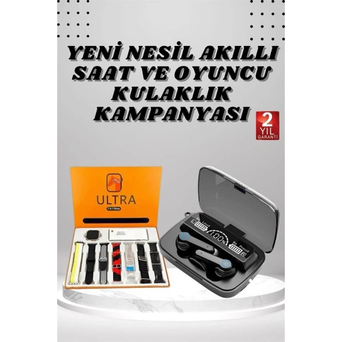 Nevamel® Dijital Göstergeli Powerbank Kulaklık ve 7 Kordonlu Yeni Nesil Akıllı Saat Amoled Ekran