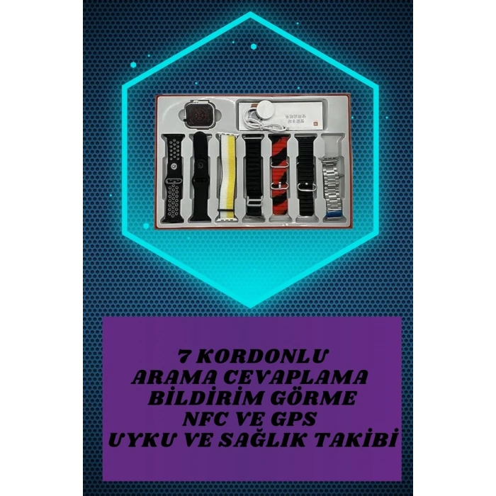 Nevamel® Dijital Göstergeli Powerbank Kulaklık ve 7 Kordonlu Yeni Nesil Akıllı Saat Amoled Ekran