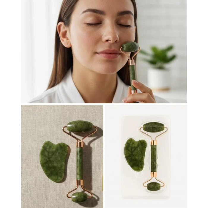 Nevamel® Doğal Yeşim Taşı Yüz Masaj Roller ve Gua Sha Seti 2 Parça
