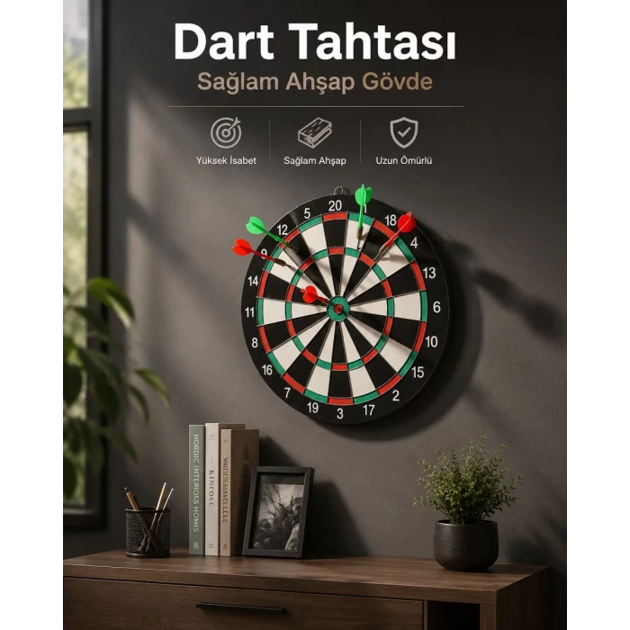 Nevamel® Duvara Monte Sağlam Ahşap Gövdeli Dart Tahtası Ev ve Oyun Alanları İçin 17 İnç