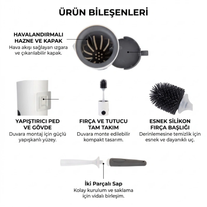 Nevamel® Duvara Monte Tuvalet Fırçası - Deterjan Hazneli - Silikon