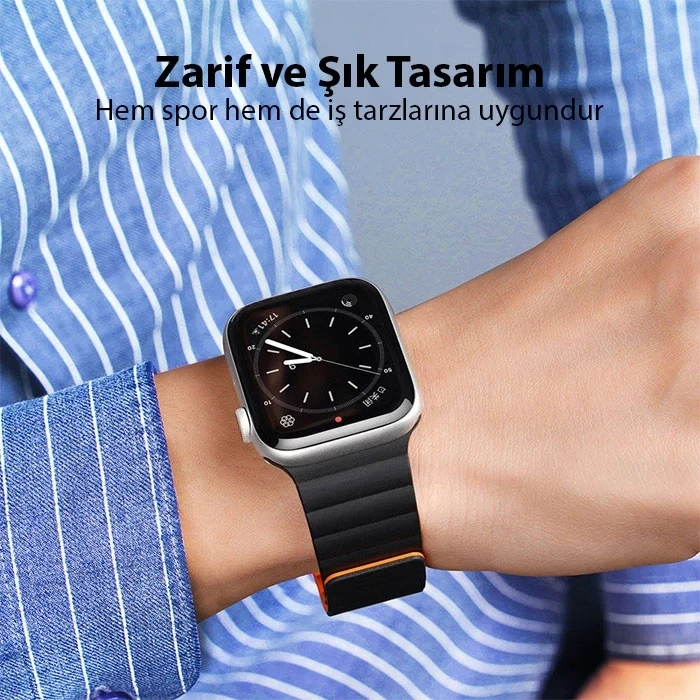 Nevamel DUX DUCIS Apple Watch 38/40/41MM için Manyetik Zincir Versiyon PU Deri Kayış Kordon-(5775)