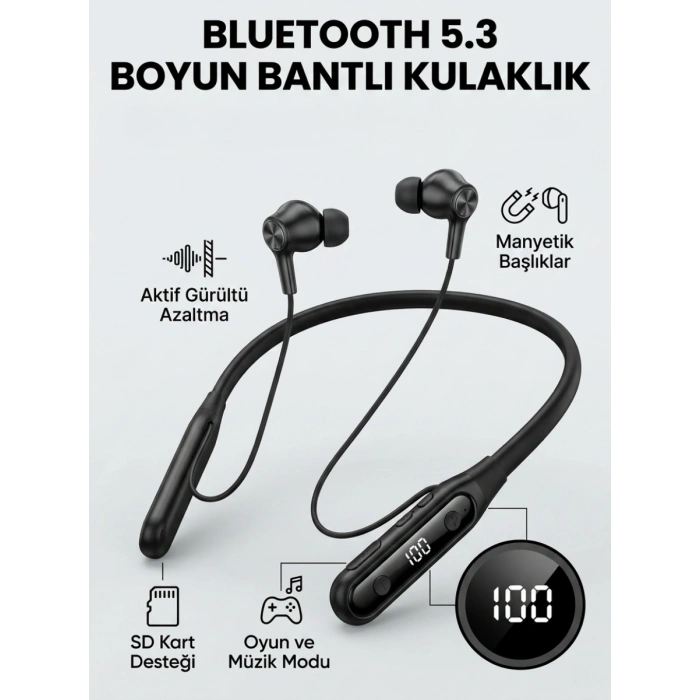 Nevamel® Ekranlı ve SD Kart Destekli Bluetooth 5.3 Boyun Bantlı Kulaklık