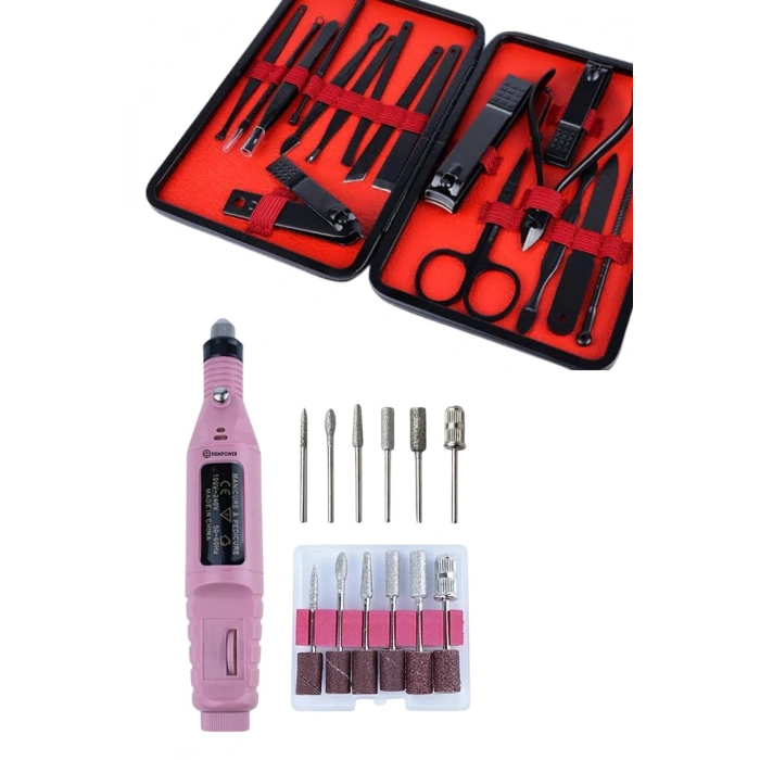 Nevamel Elektrikli Manikür Pedikür Seti İkili Set 17 Parça Tırnak Bakımı Nasır Temizleme Tırnak Şekillendirme