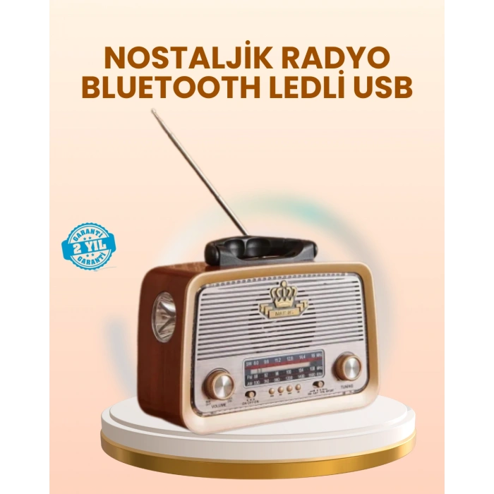 Nevamel® Eskitme Tasarımlı Ahşap Bluetooth Radyo LED Aydınlatmalı